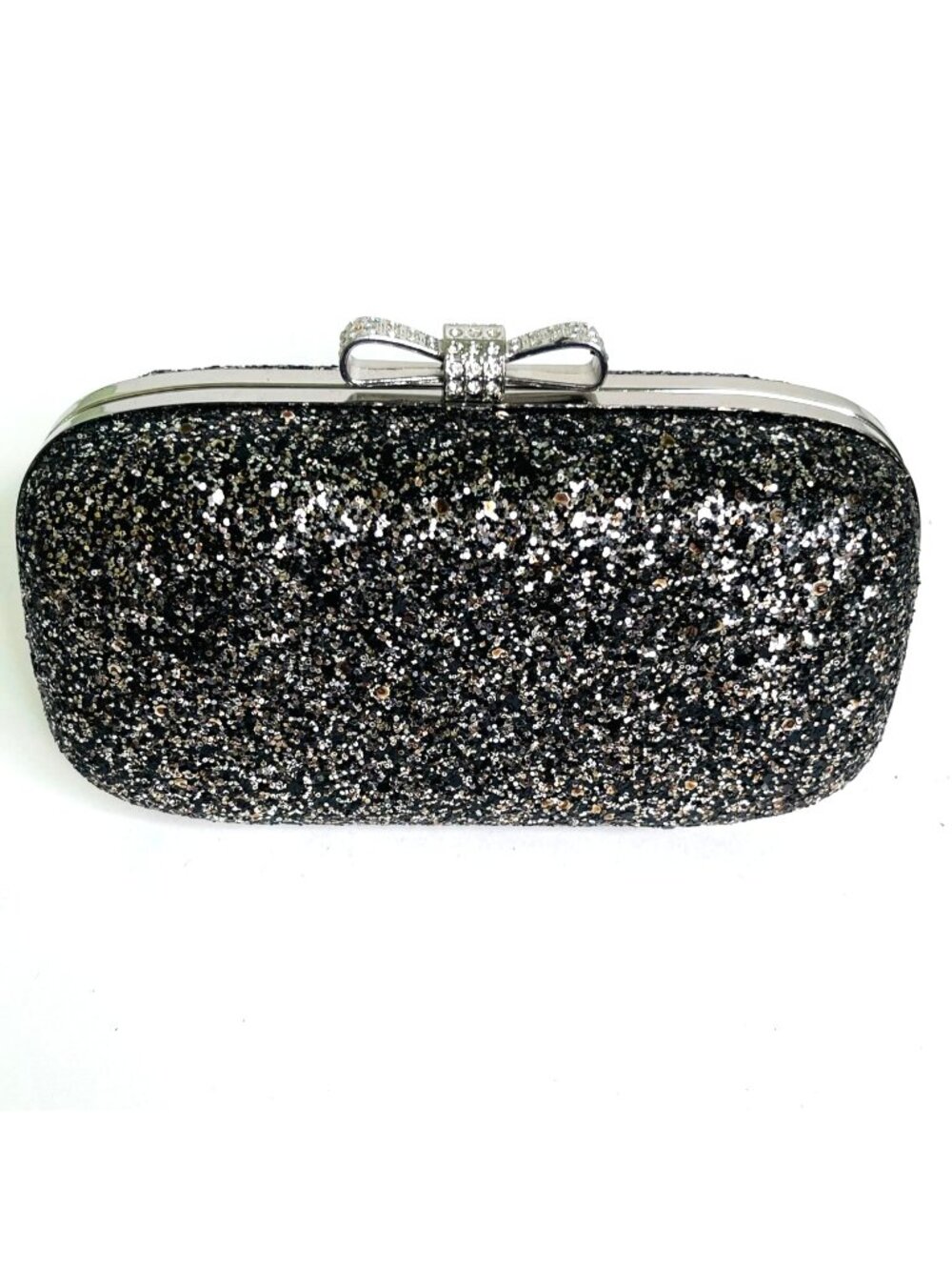 Clutch Purse Evie by INC Hard Shell Silver Glitter on Black Chain Strap NEW